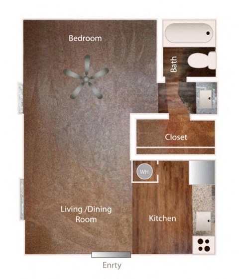 Floor plan for 1 bed, 1 bath, 406 sqft